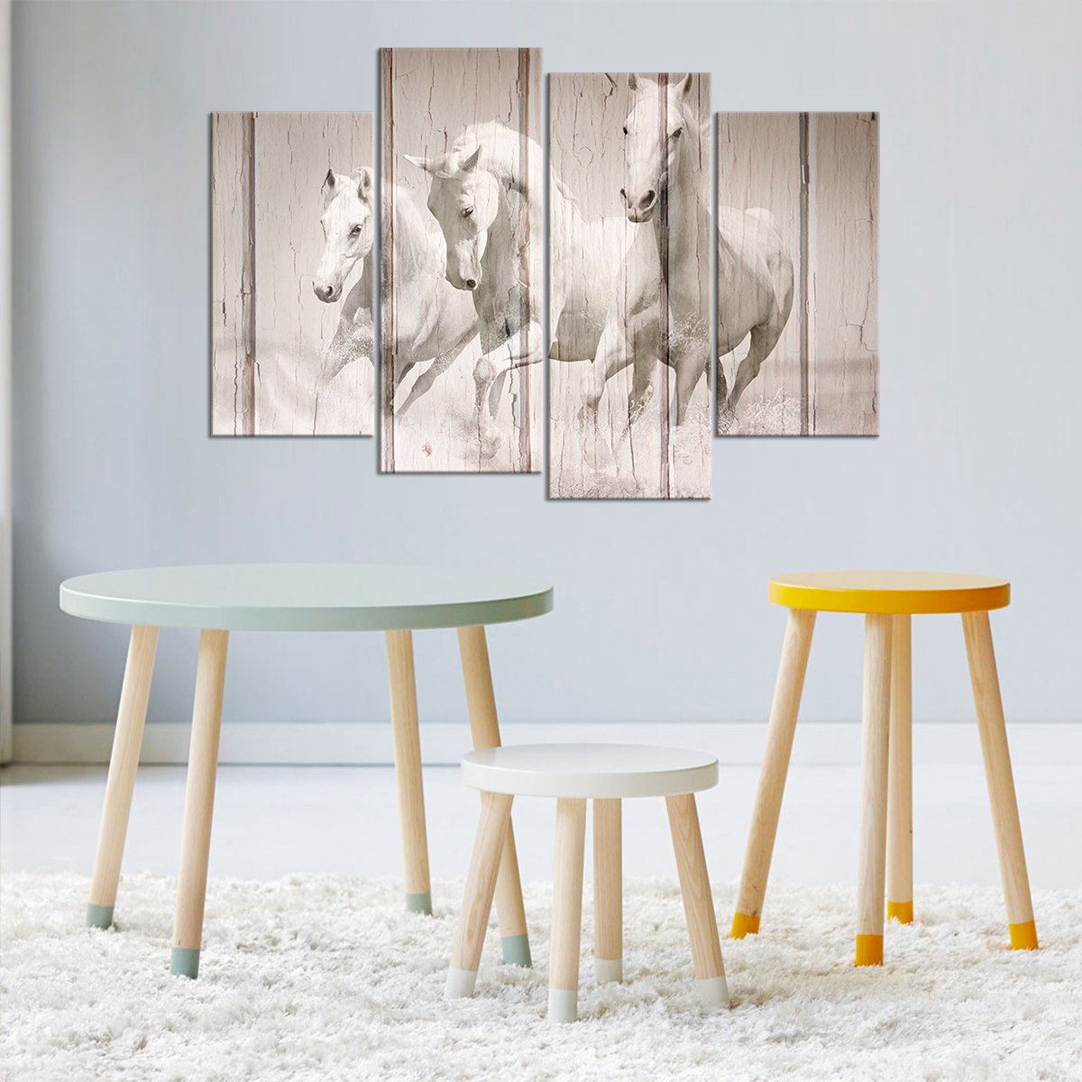 White Stallions Multi Panel Canvas Wall Art