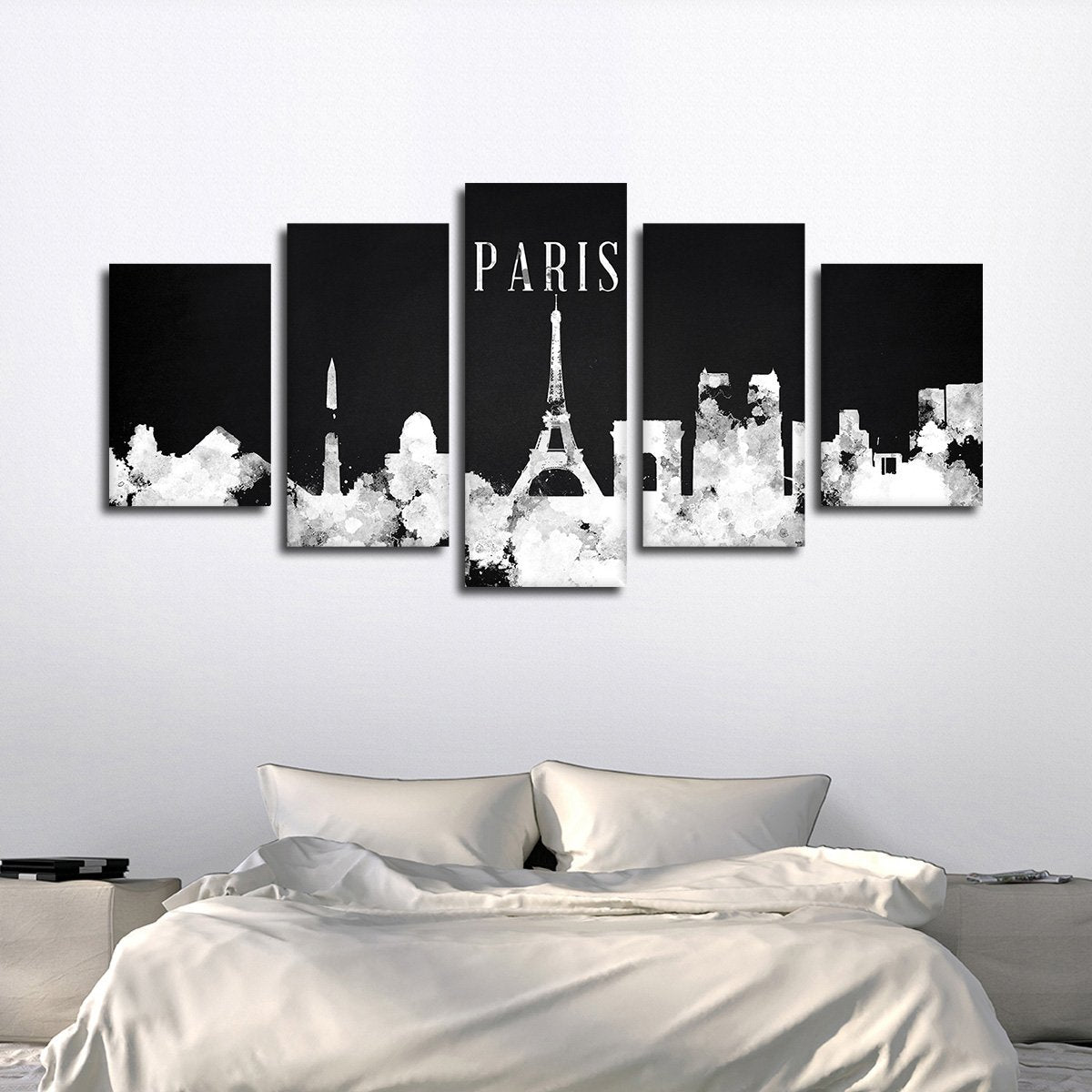 Paris Watercolor Skyline BW Multi Panel Canvas Wall Art