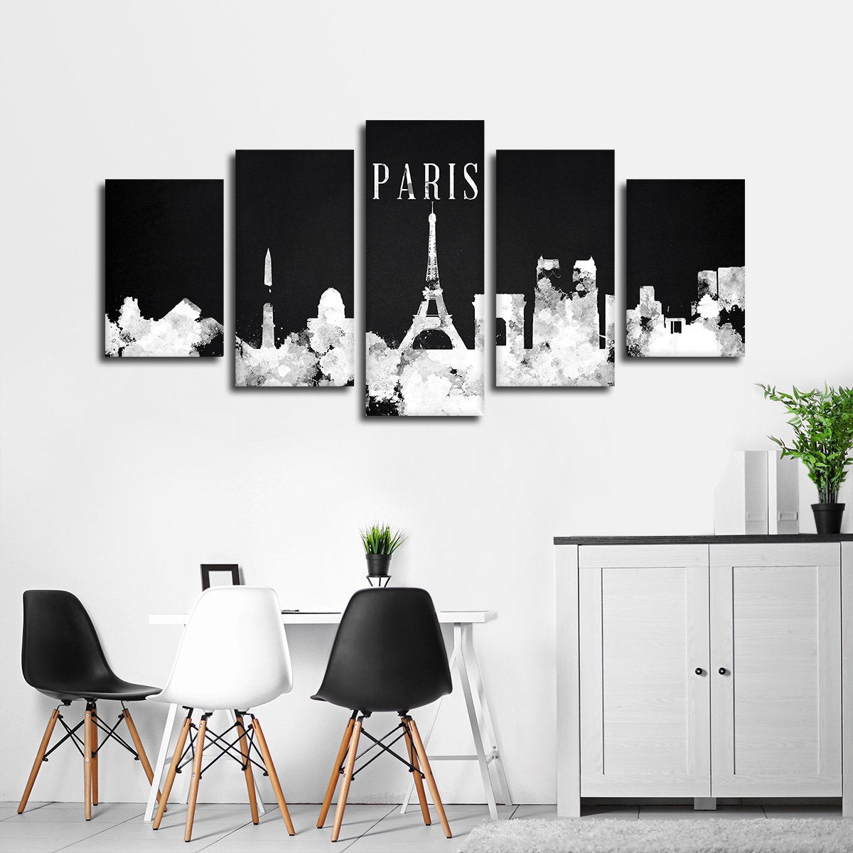 Paris Watercolor Skyline BW Multi Panel Canvas Wall Art