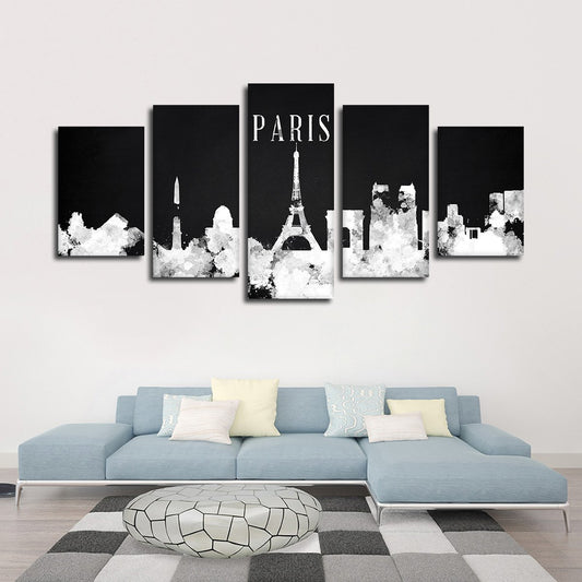 Paris Watercolor Skyline BW Multi Panel Canvas Wall Art