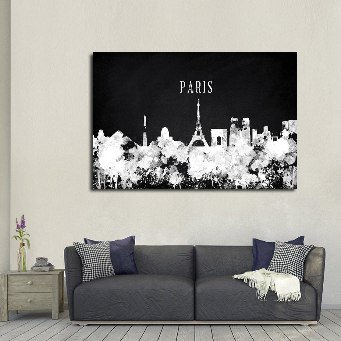 Paris Watercolor Skyline BW Multi Panel Canvas Wall Art