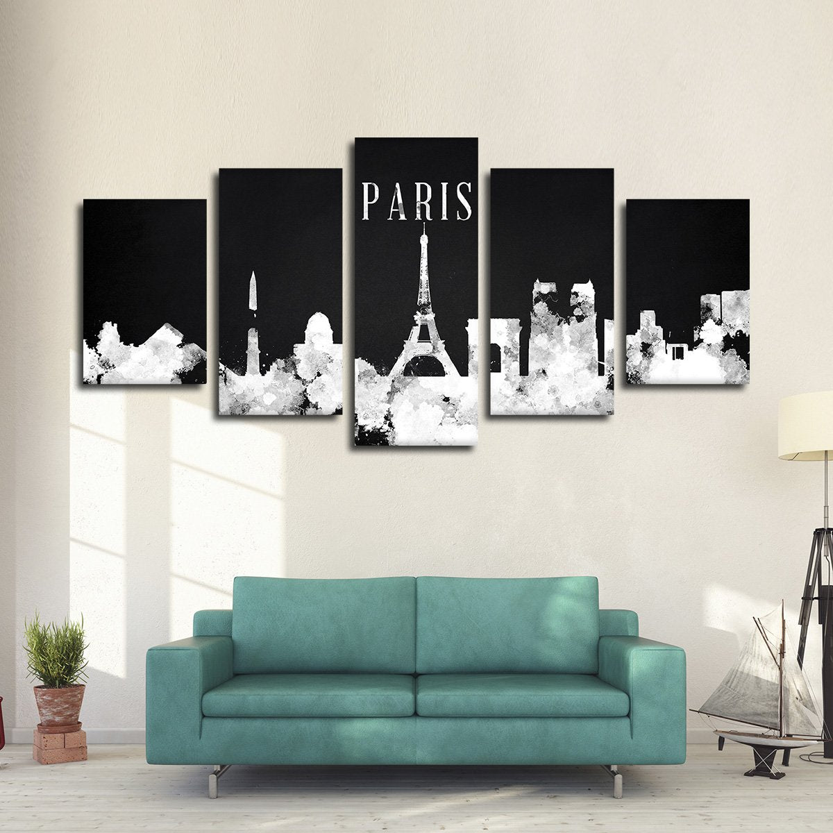Paris Watercolor Skyline BW Multi Panel Canvas Wall Art
