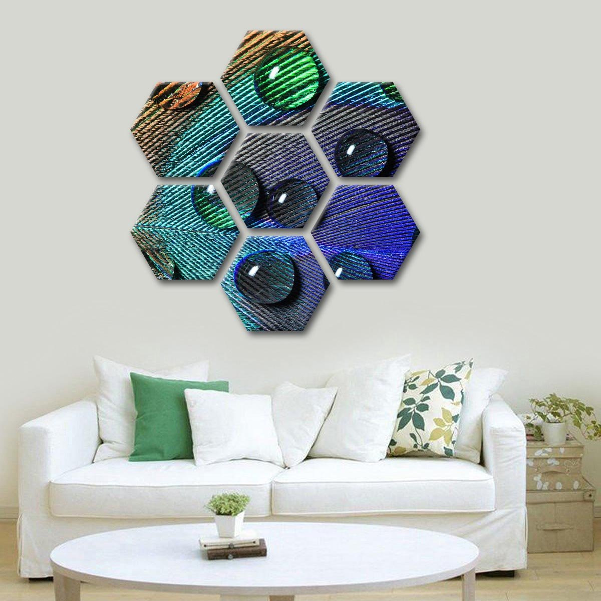Peacock Feather with Drops Multi Panel Canvas Wall Art