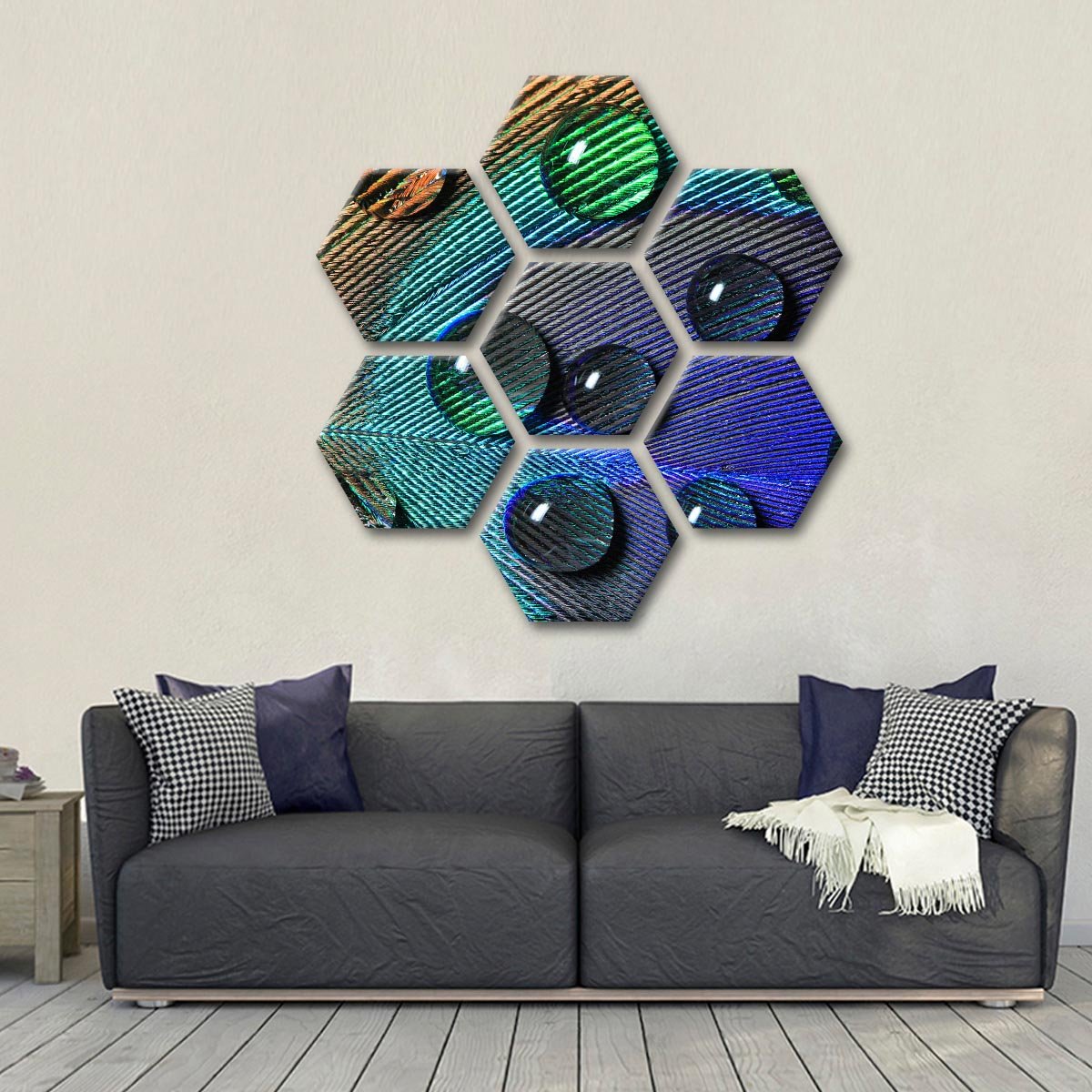 Peacock Feather with Drops Multi Panel Canvas Wall Art