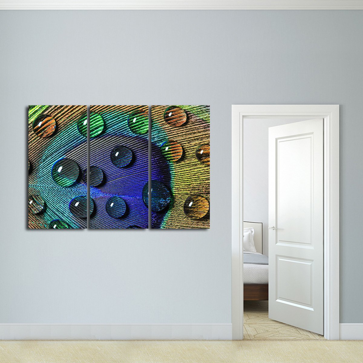 Peacock Feather with Drops Multi Panel Canvas Wall Art
