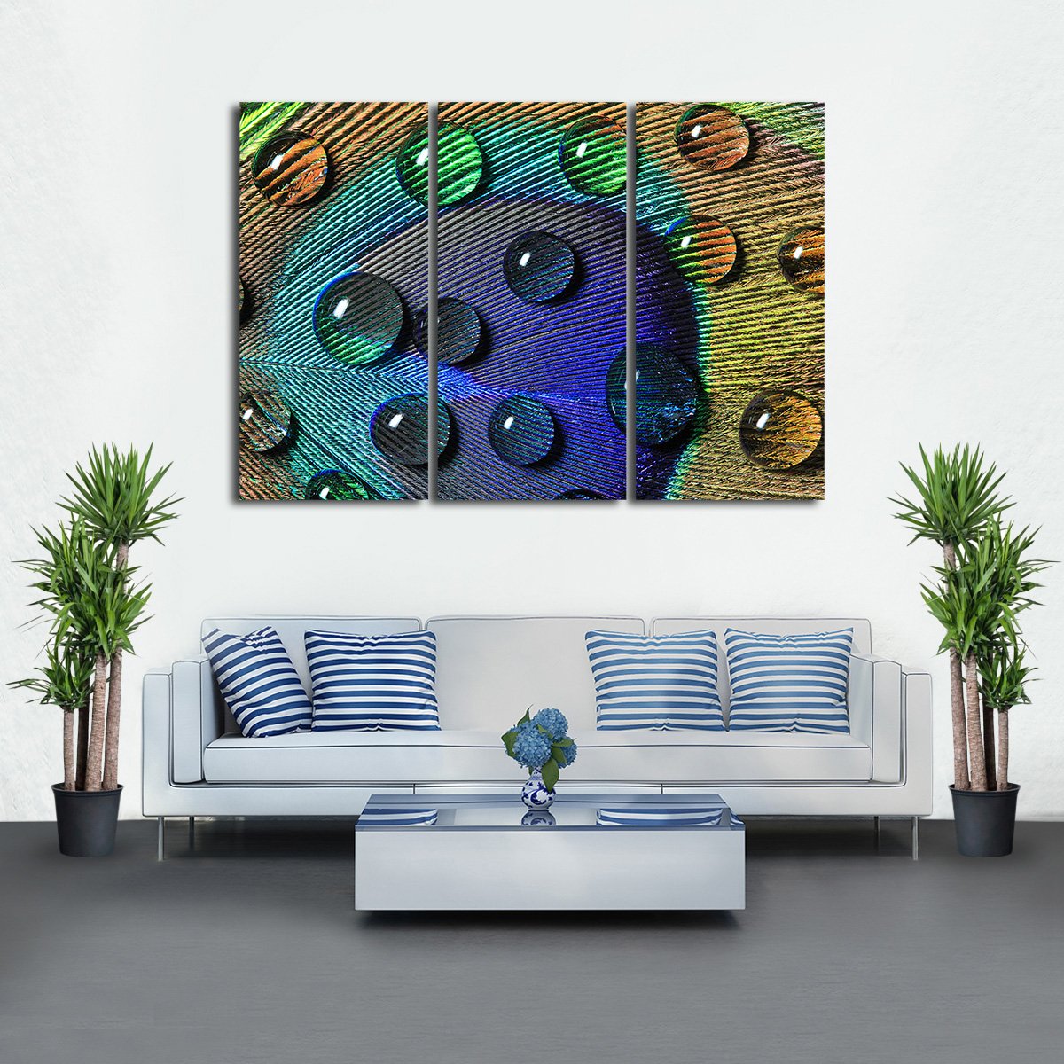 Peacock Feather with Drops Multi Panel Canvas Wall Art