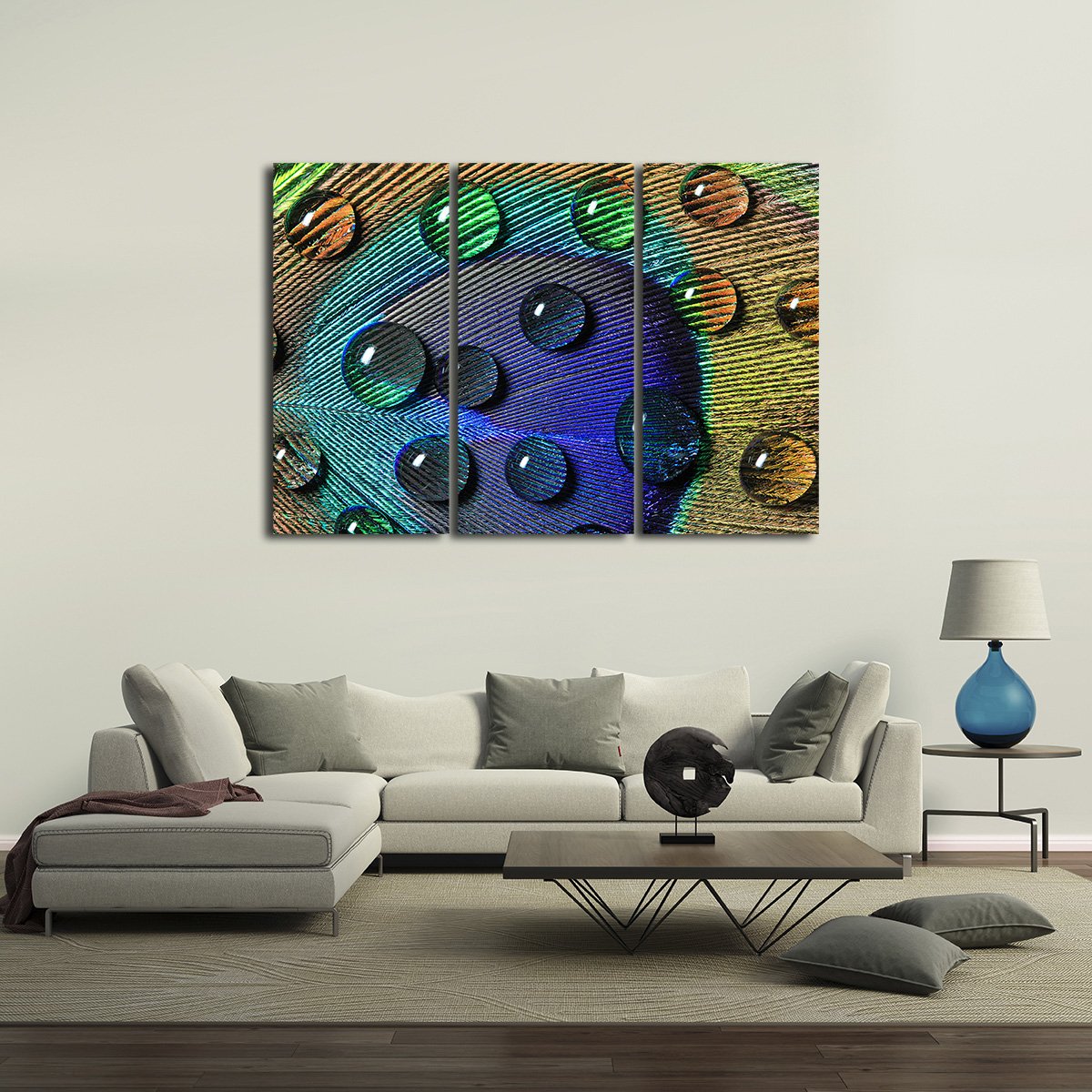 Peacock Feather with Drops Multi Panel Canvas Wall Art