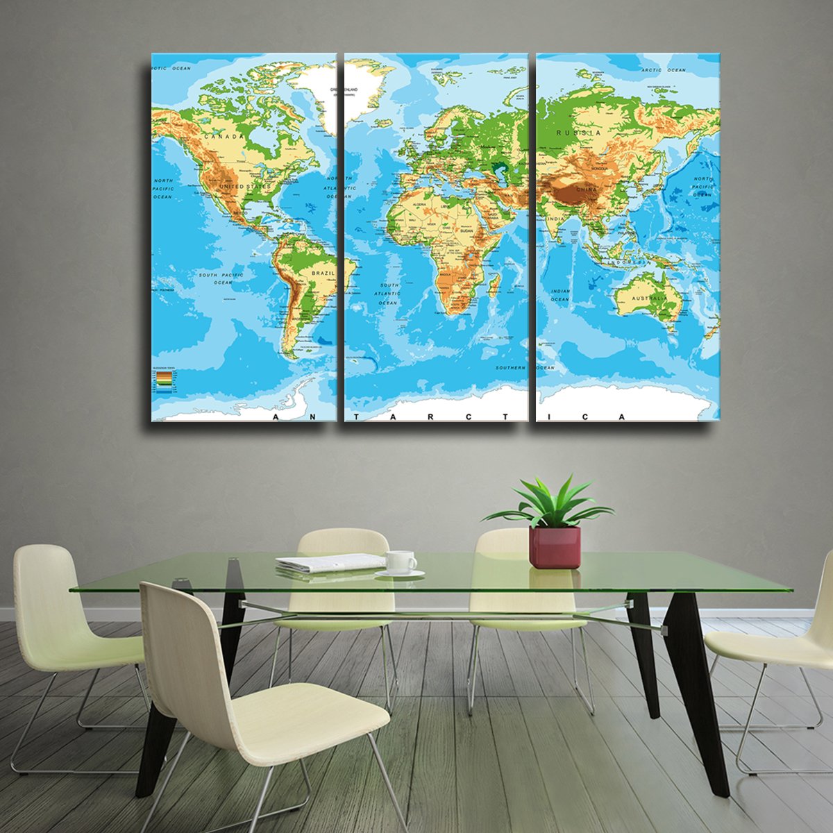 Physical World Map Multi Panel Canvas Wall Art