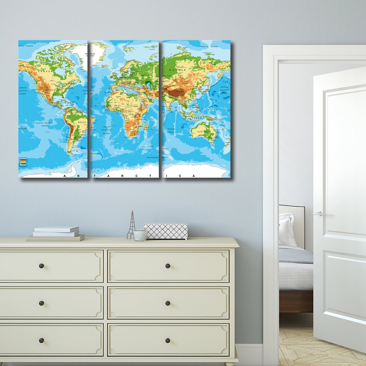 Physical World Map Multi Panel Canvas Wall Art