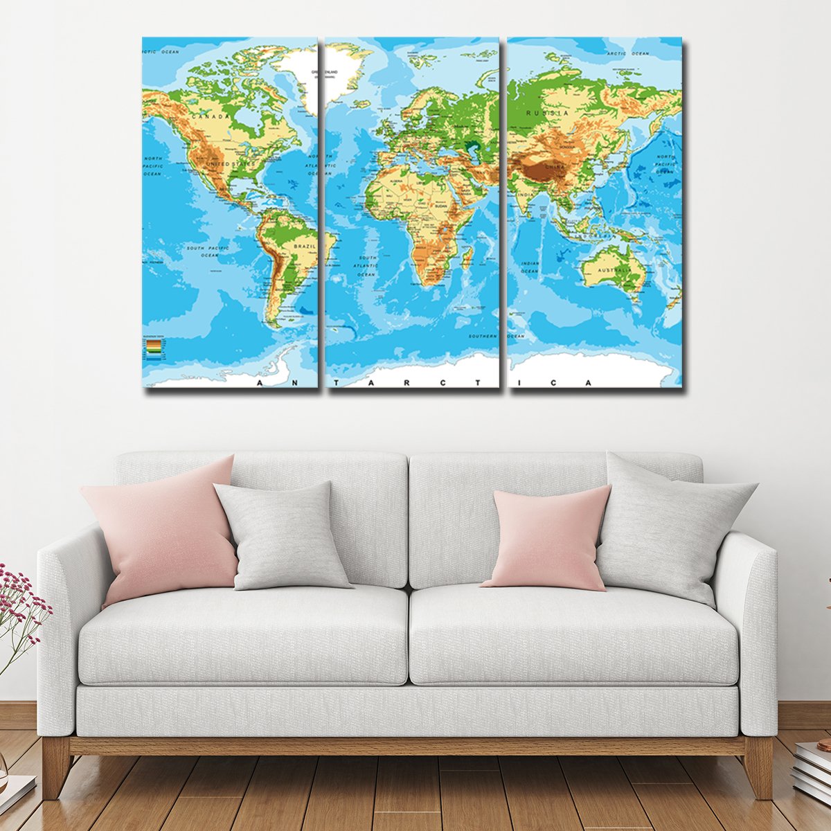 Physical World Map Multi Panel Canvas Wall Art