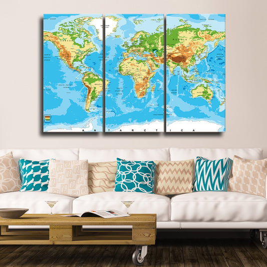 Physical World Map Multi Panel Canvas Wall Art