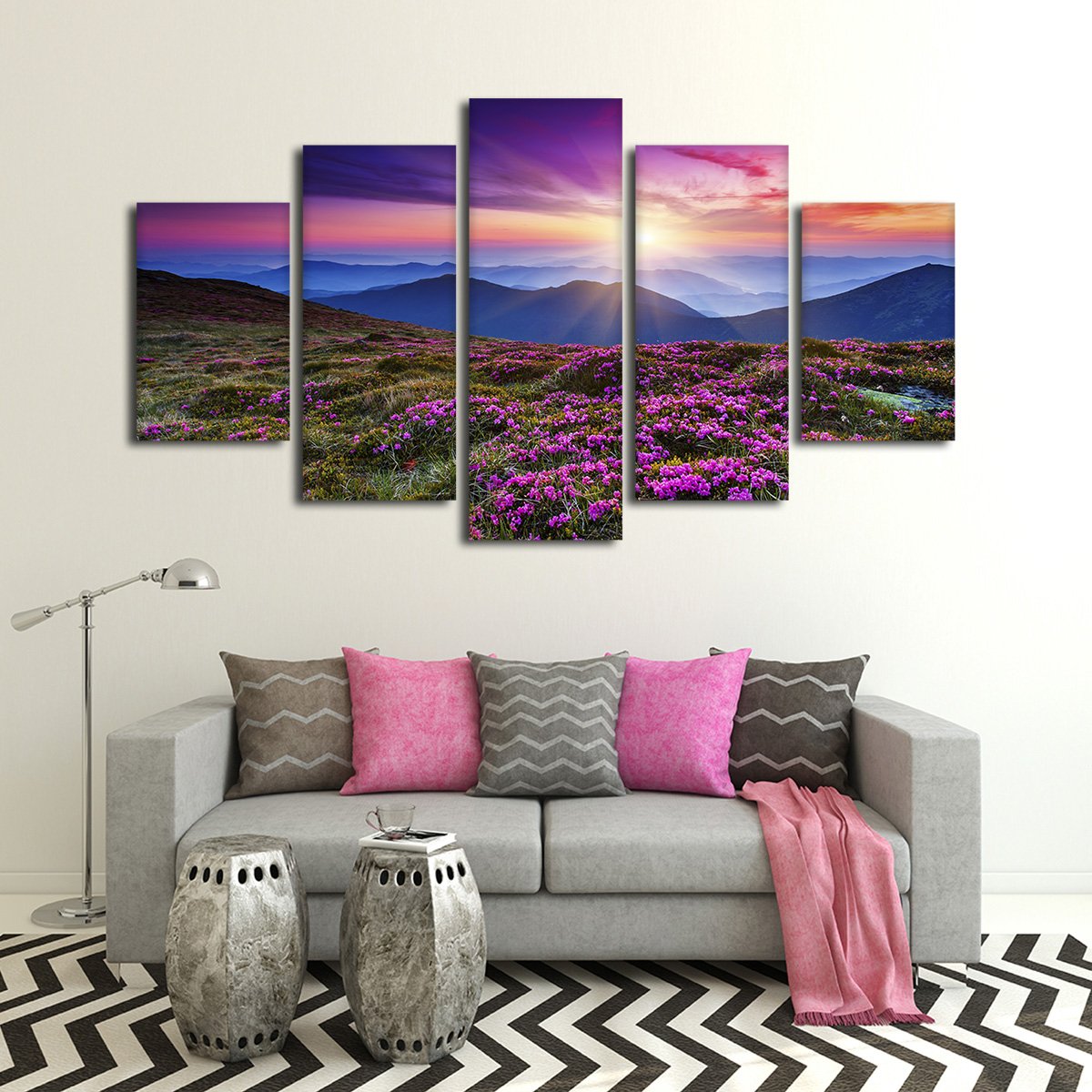 Pink Flowers at Sunset Multi Panel Canvas Wall Art