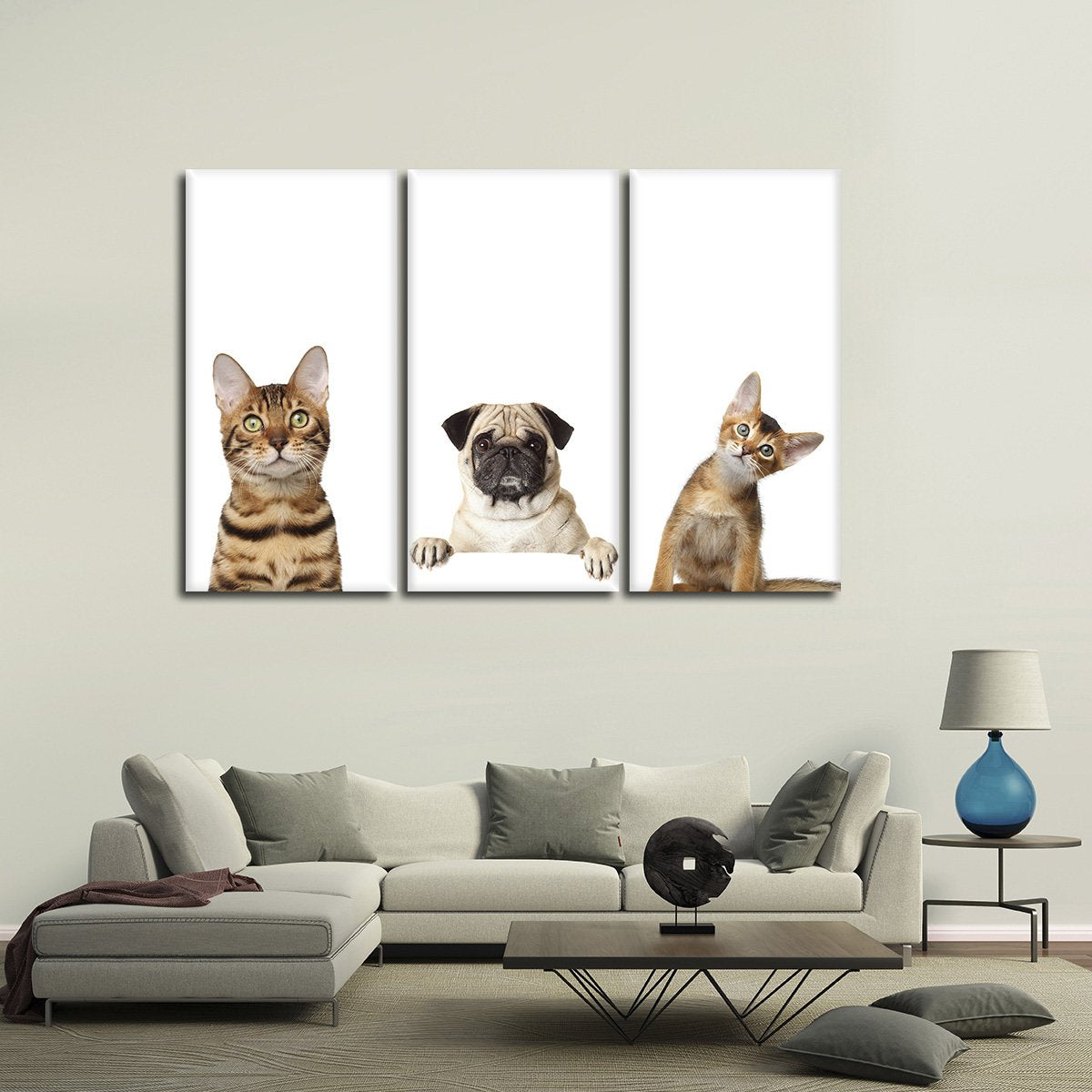 Pug And Kittens Multi Panel Canvas Wall Art