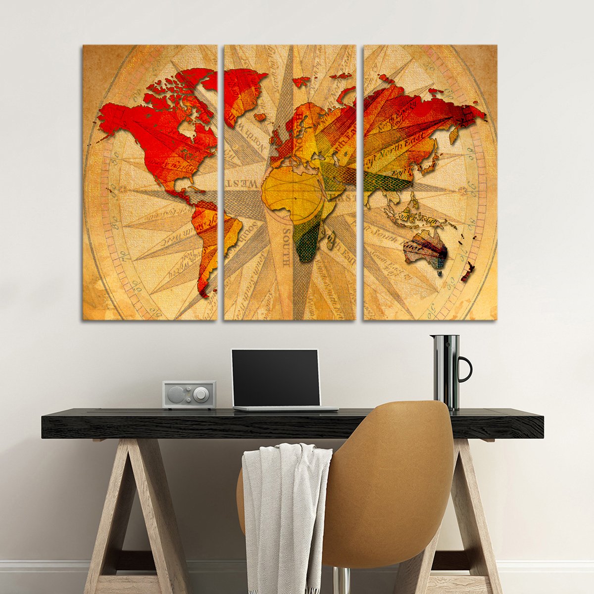 Rare Compass World Map Multi Panel Canvas Wall Art