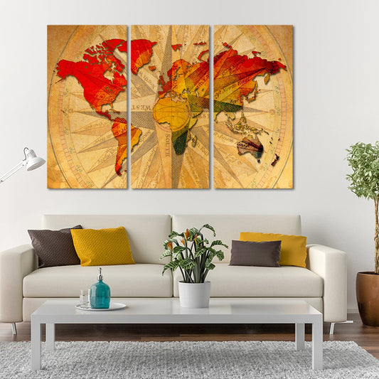 Rare Compass World Map Multi Panel Canvas Wall Art