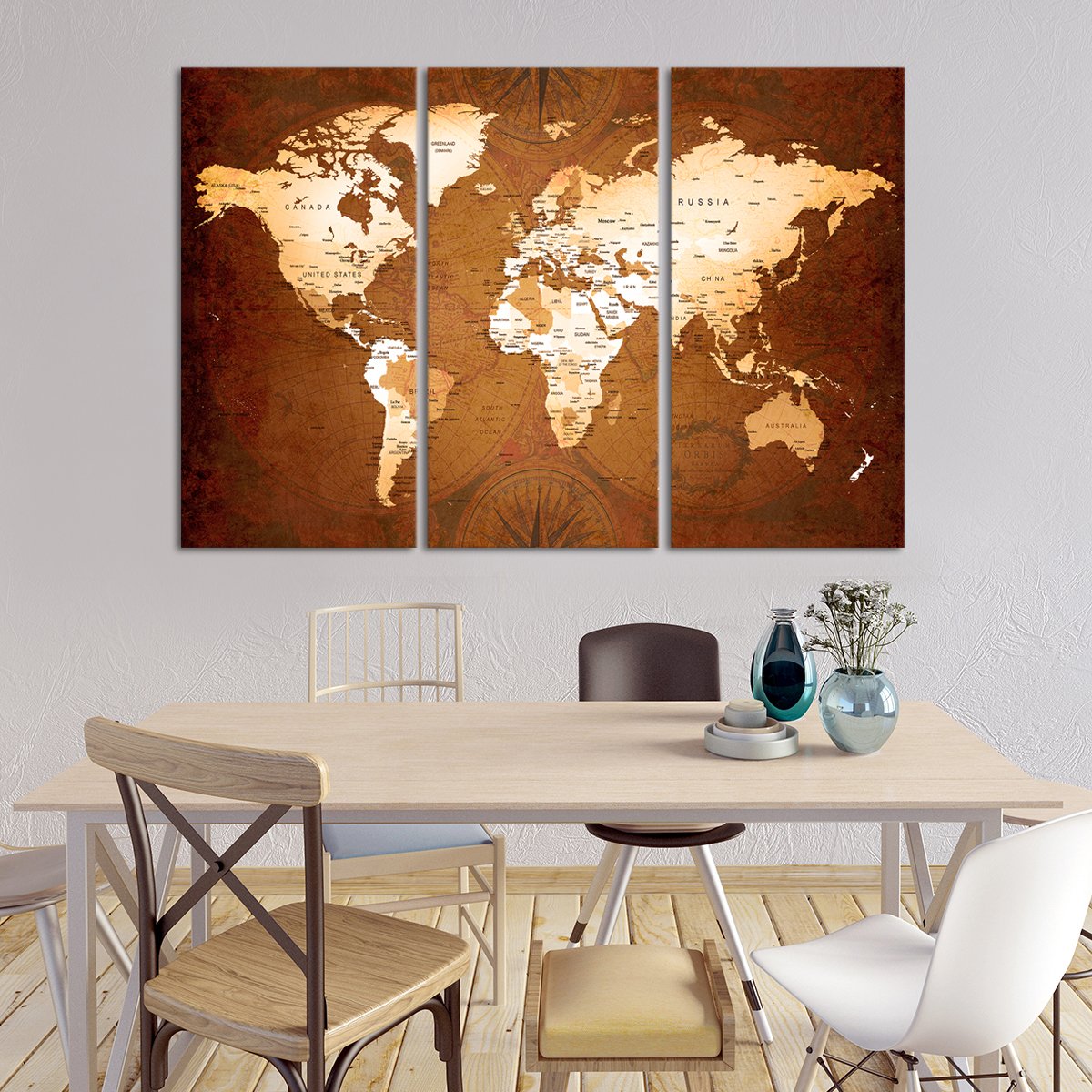Rare World Map Multi Panel Canvas Wall Art