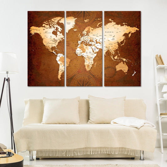 Rare World Map Multi Panel Canvas Wall Art