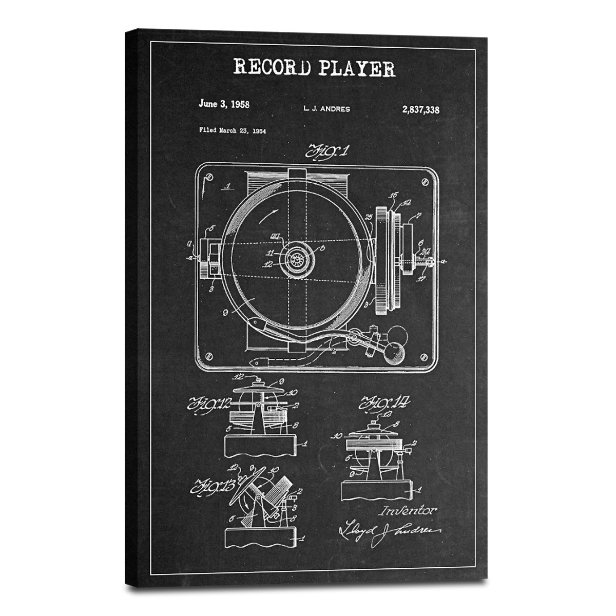 Record Player Patent BW Canvas Wall Art