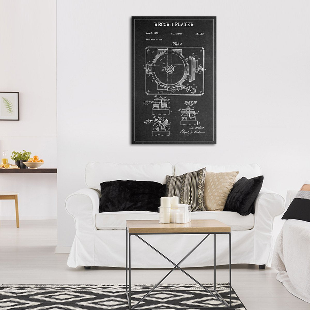 Record Player Patent BW Canvas Wall Art