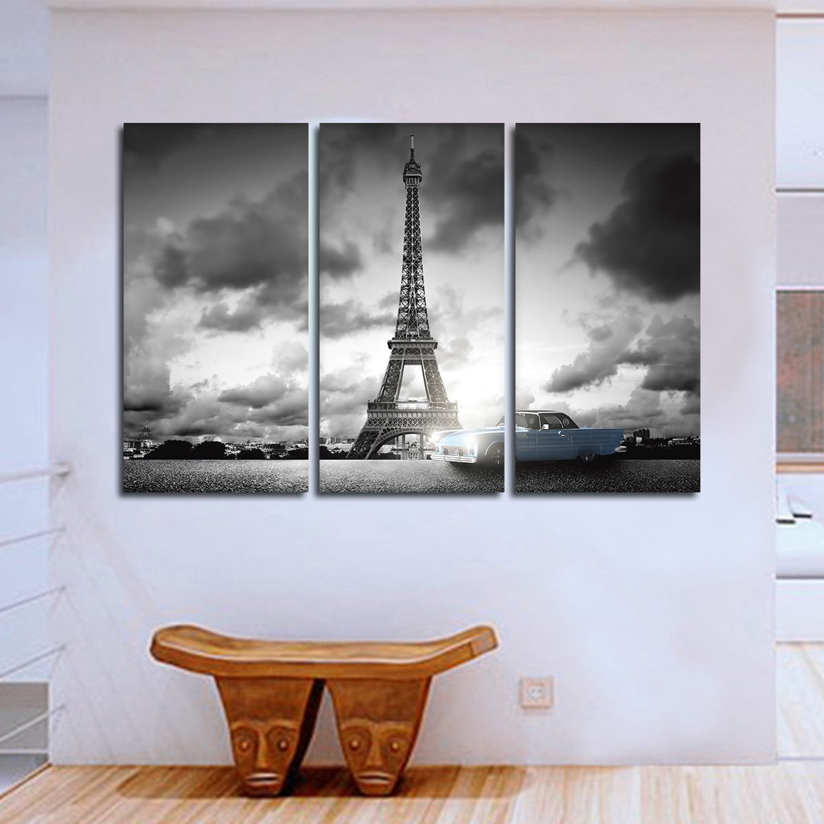 Retro Car In Paris Multi Panel Canvas Wall Art