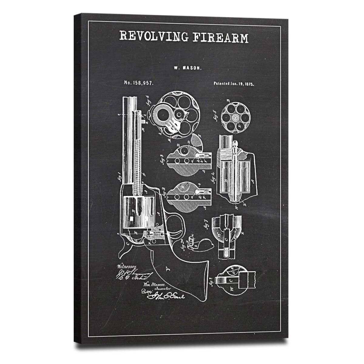 Revolving Firearm Patent BW Canvas Wall Art