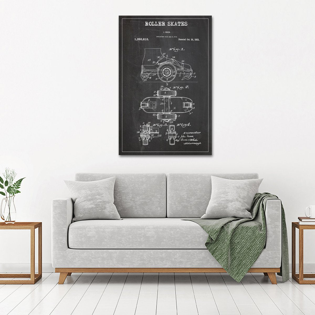 Roller Skates Patent BW Canvas Wall Art