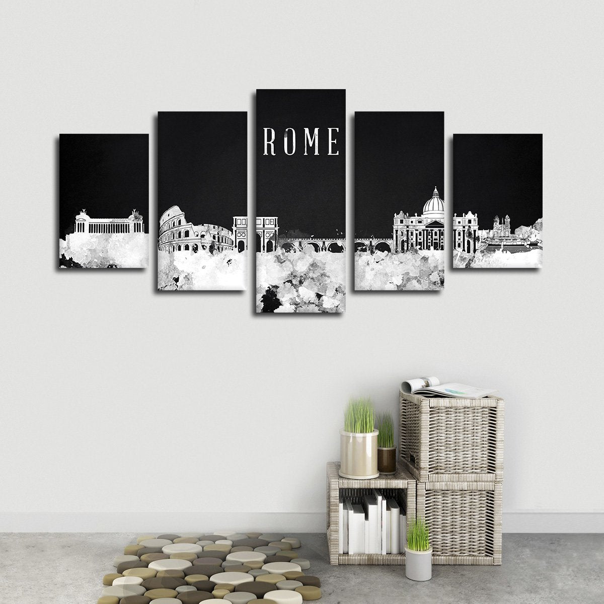 Rome Watercolor Skyline BW Multi Panel Canvas Wall Art
