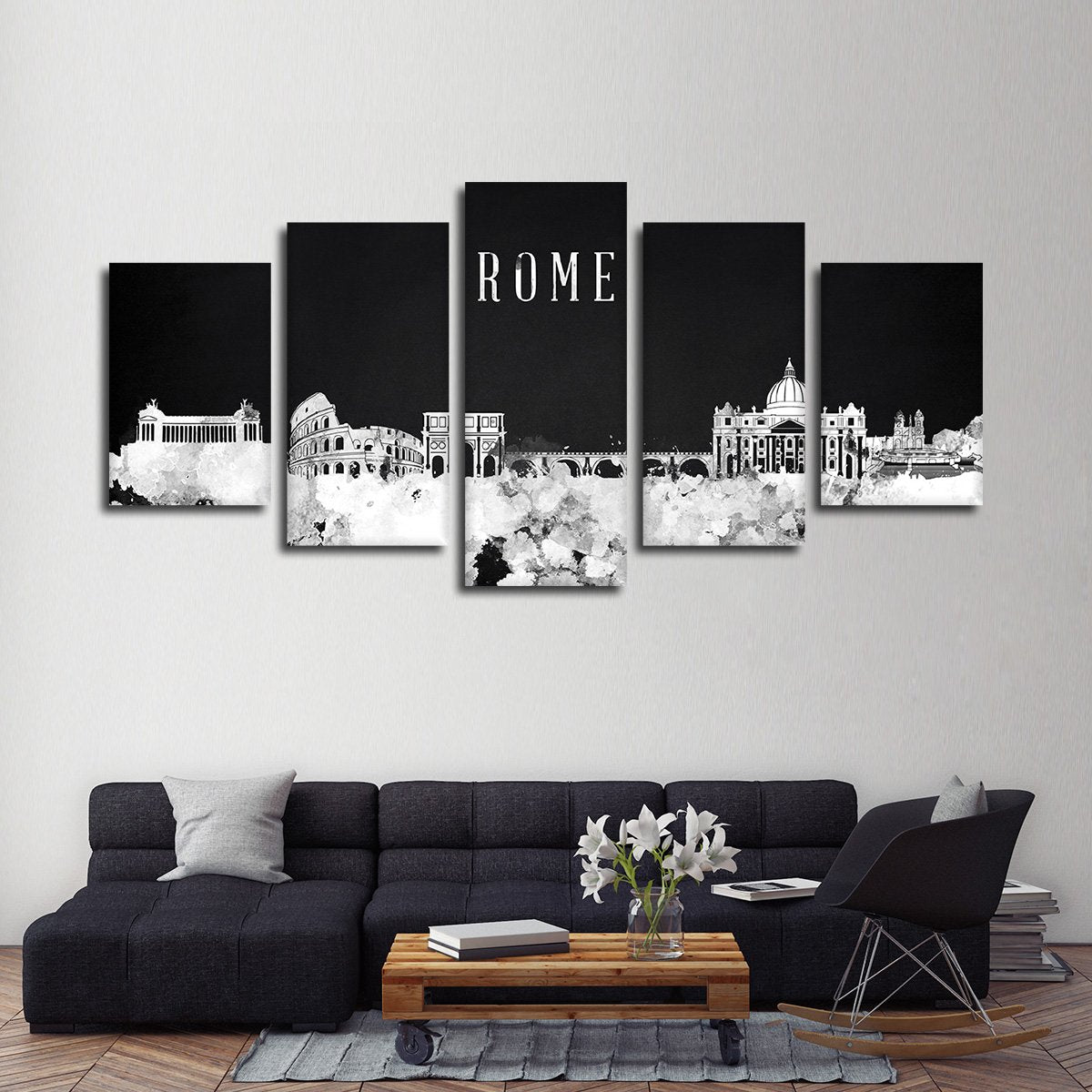 Rome Watercolor Skyline BW Multi Panel Canvas Wall Art