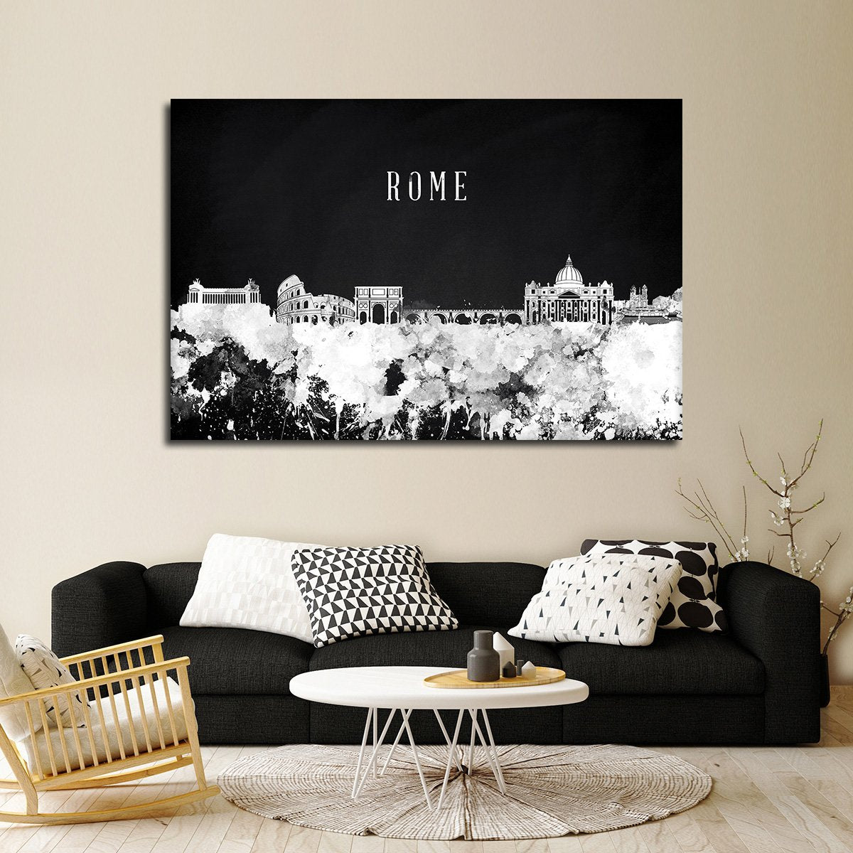 Rome Watercolor Skyline BW Multi Panel Canvas Wall Art