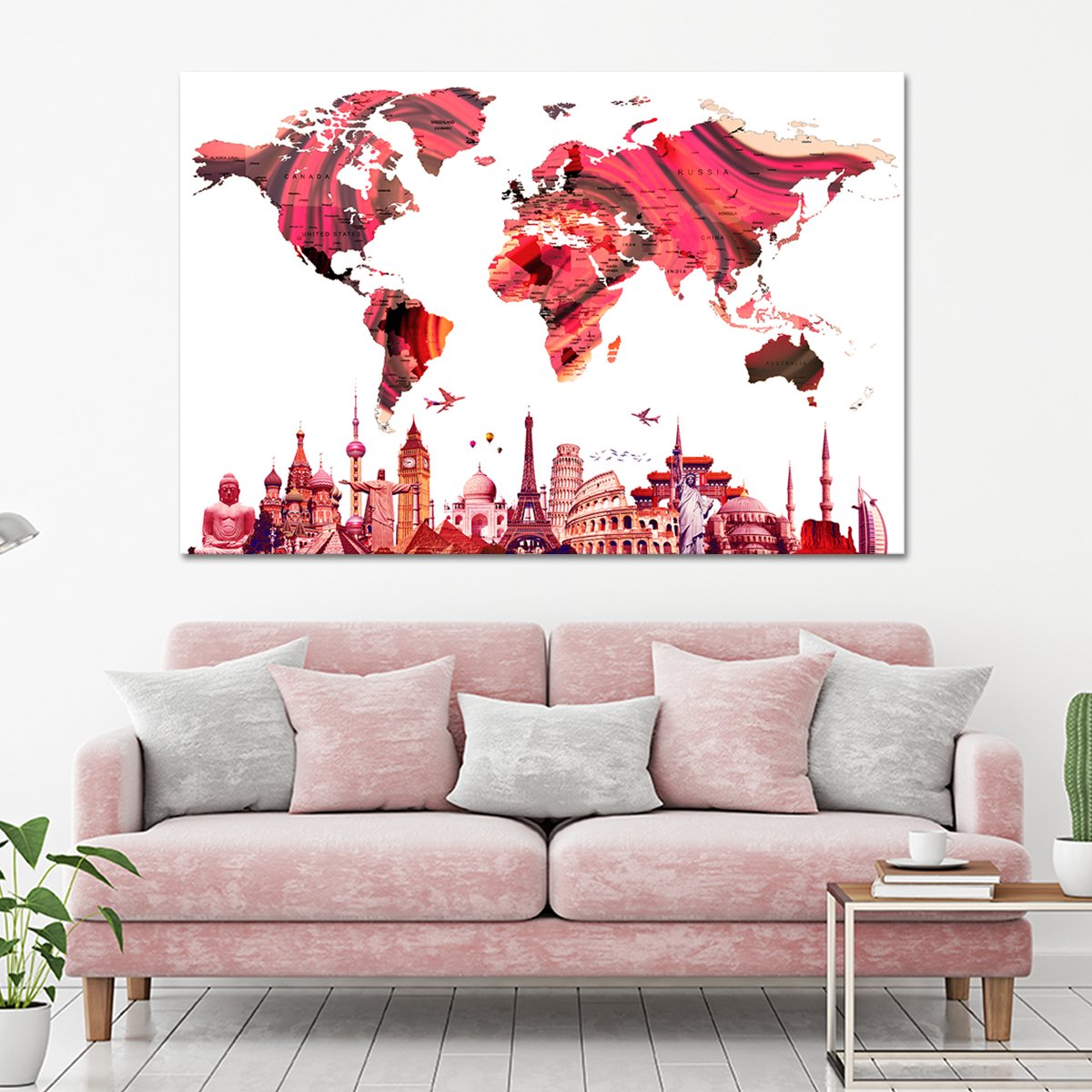 Rose Gold World Map Masterpiece Multi Panel Canvas Wall Art