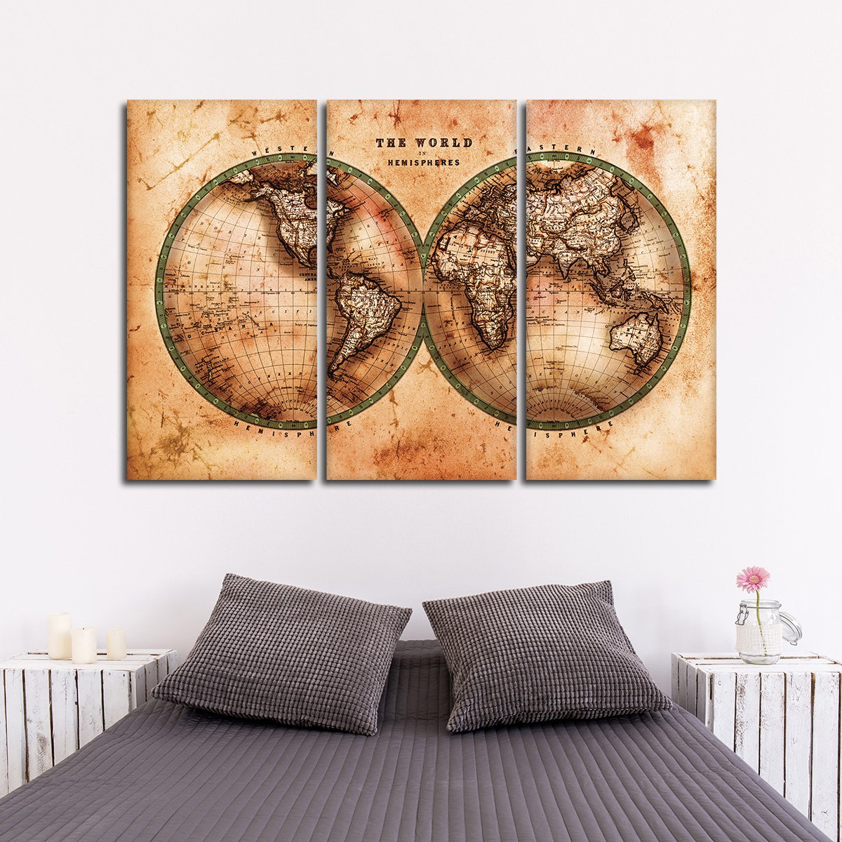 Rustic Hemispheres Map Multi Panel Canvas Wall Art
