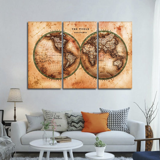Rustic Hemispheres Map Multi Panel Canvas Wall Art