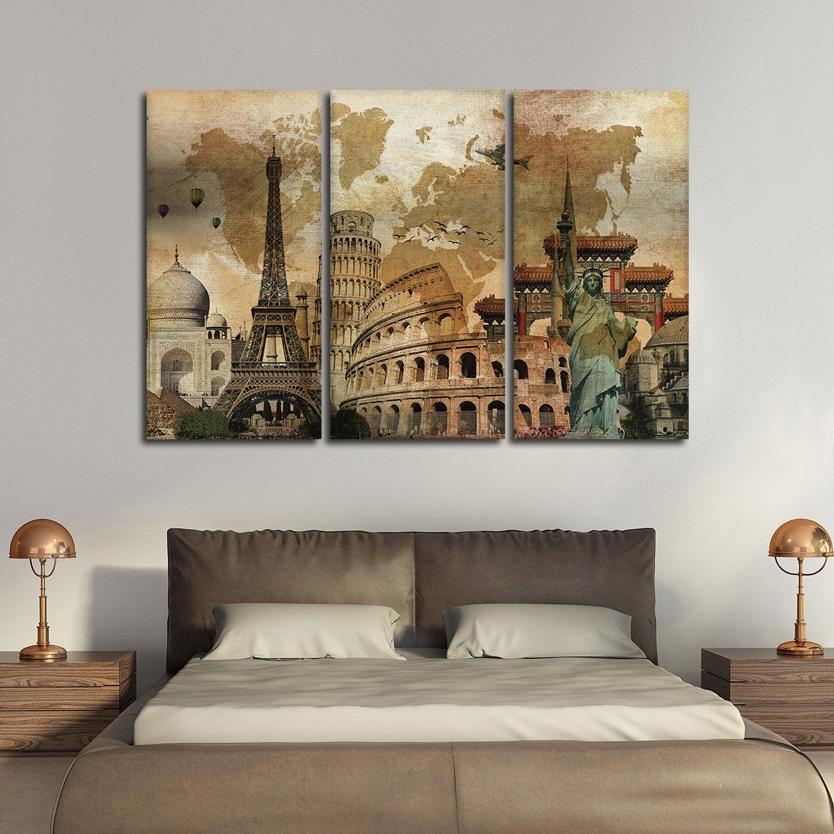 Rustic Landmark World Map Multi Panel Canvas Wall Art