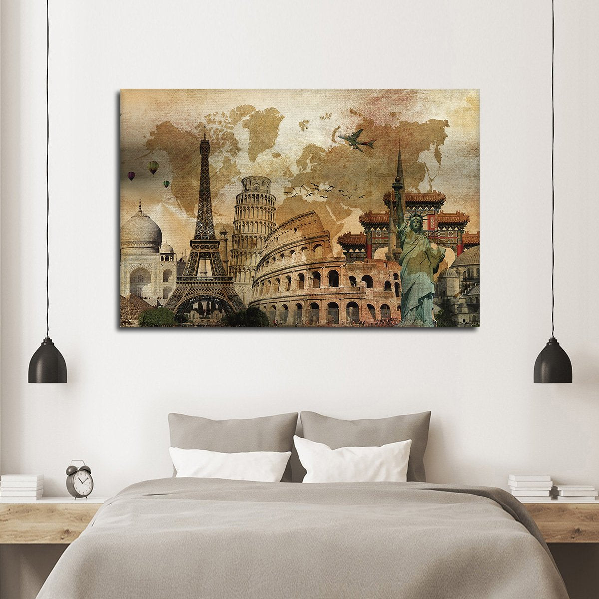 Rustic Landmark World Map Multi Panel Canvas Wall Art