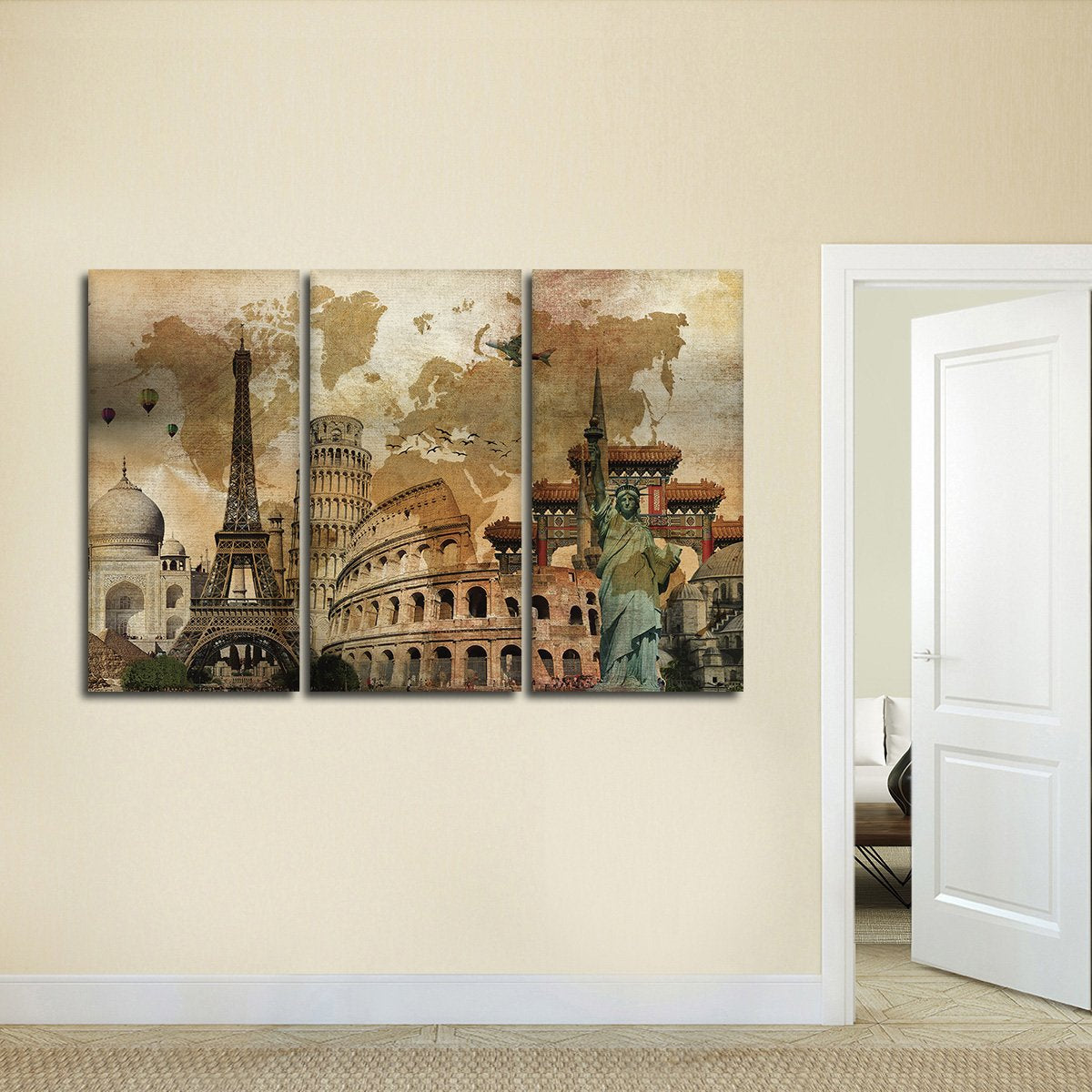 Rustic Landmark World Map Multi Panel Canvas Wall Art