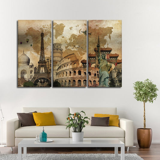 Rustic Landmark World Map Multi Panel Canvas Wall Art