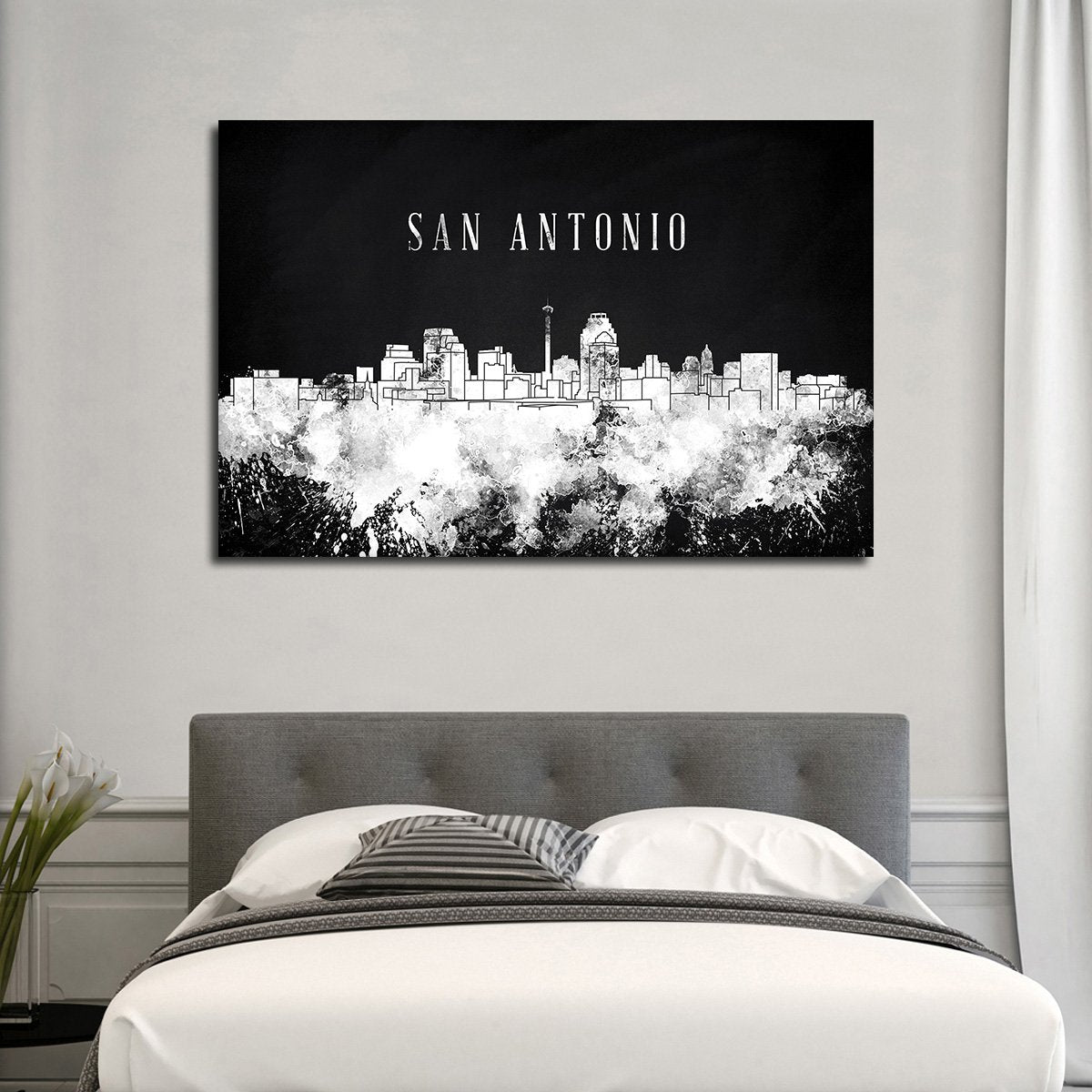 San Antonio Watercolor Skyline BW Multi Panel Canvas Wall Art