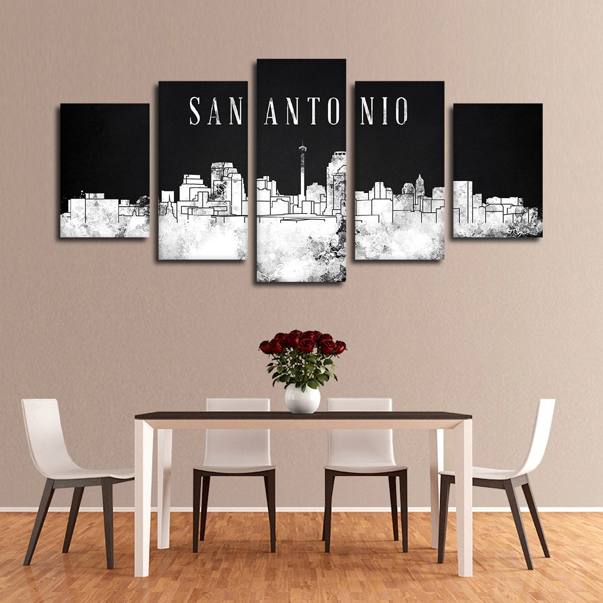 San Antonio Watercolor Skyline BW Multi Panel Canvas Wall Art