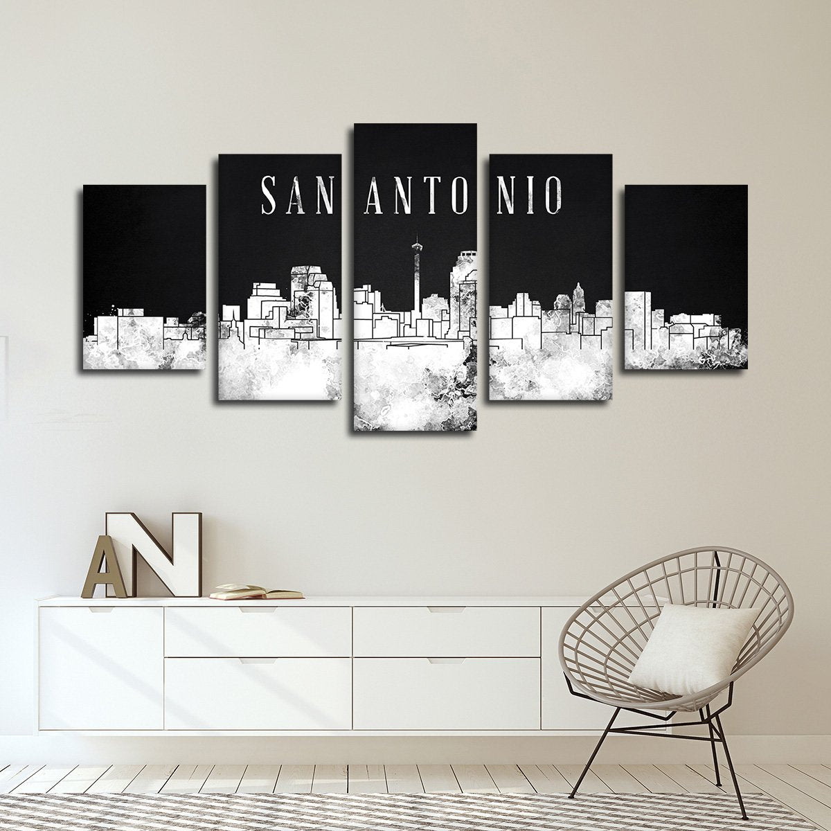 San Antonio Watercolor Skyline BW Multi Panel Canvas Wall Art