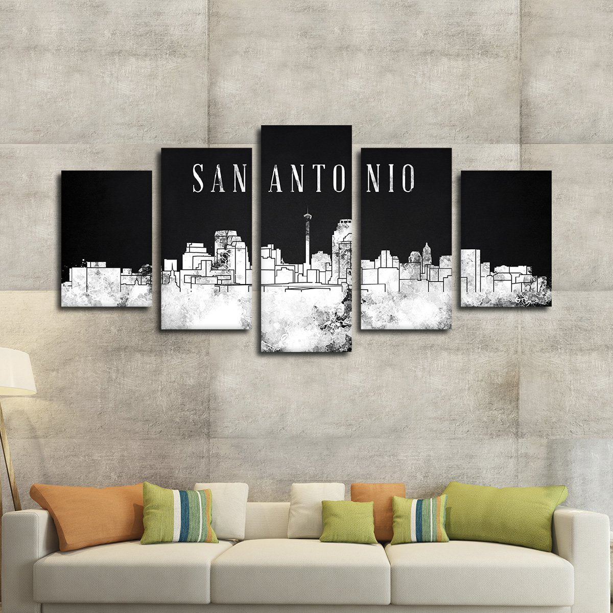 San Antonio Watercolor Skyline BW Multi Panel Canvas Wall Art