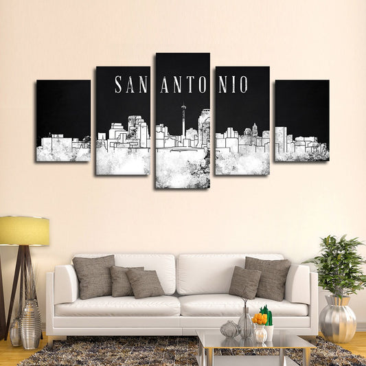 San Antonio Watercolor Skyline BW Multi Panel Canvas Wall Art