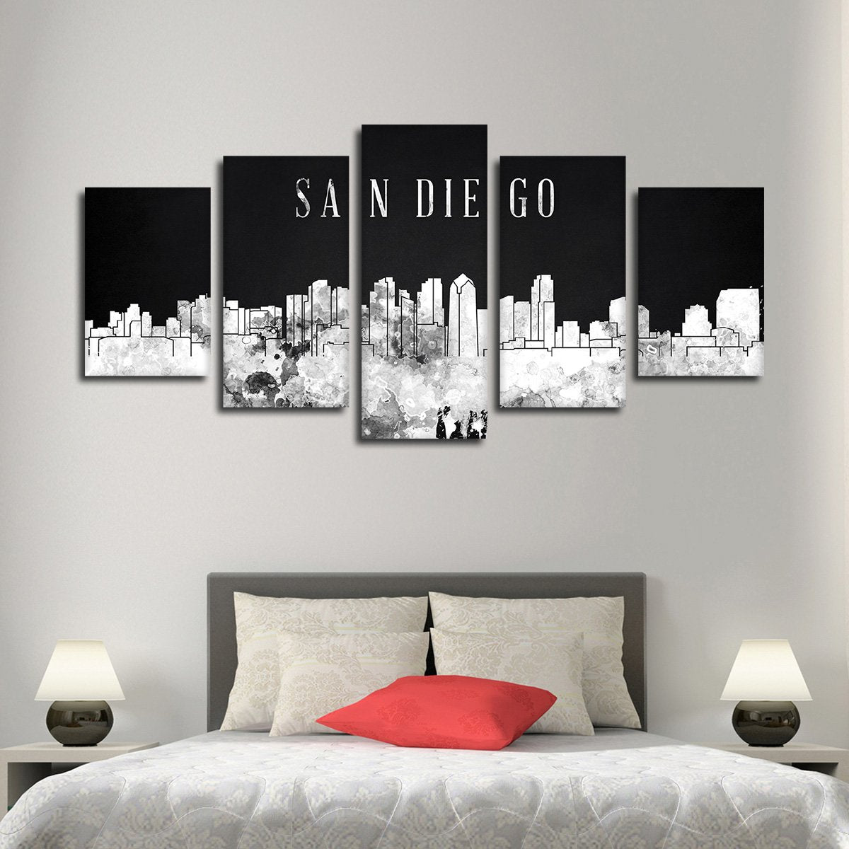 San Diego Watercolor Skyline BW Multi Panel Canvas Wall Art
