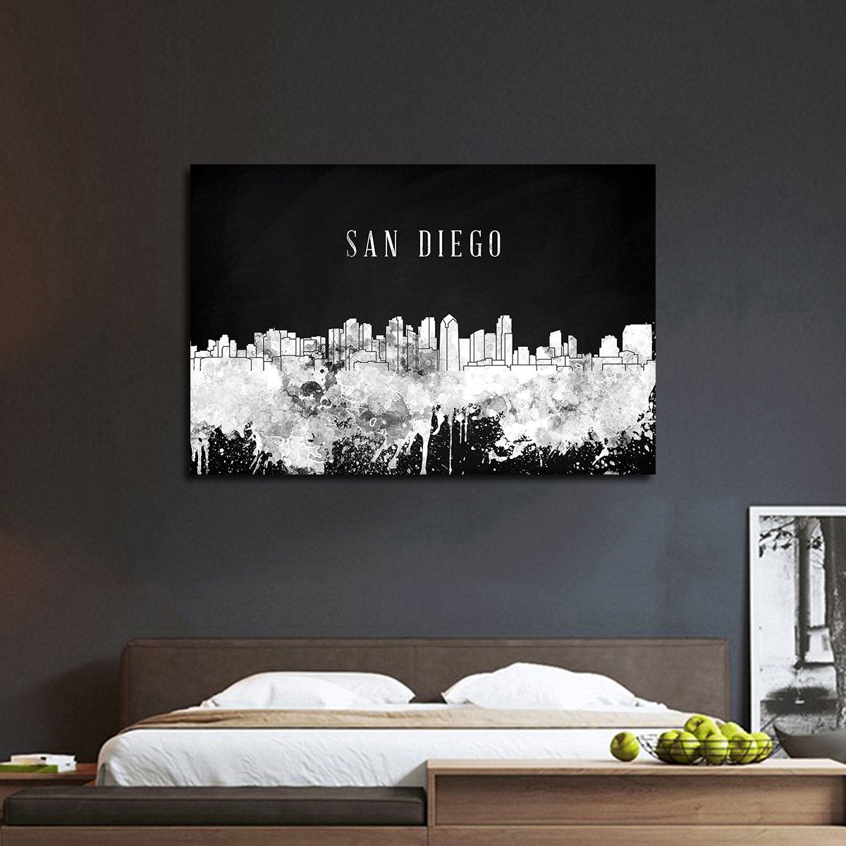 San Diego Watercolor Skyline BW Multi Panel Canvas Wall Art