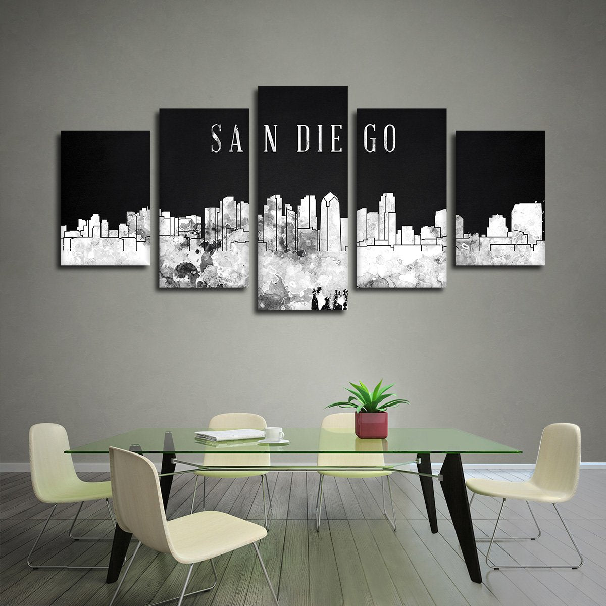 San Diego Watercolor Skyline BW Multi Panel Canvas Wall Art