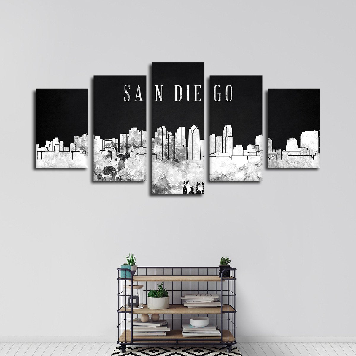 San Diego Watercolor Skyline BW Multi Panel Canvas Wall Art