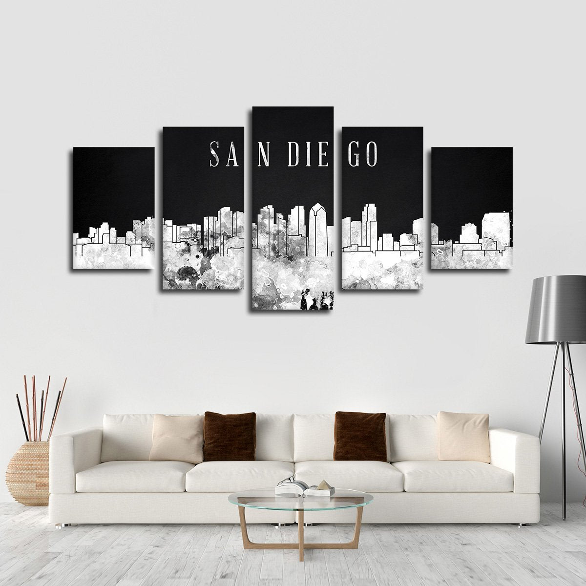 San Diego Watercolor Skyline BW Multi Panel Canvas Wall Art