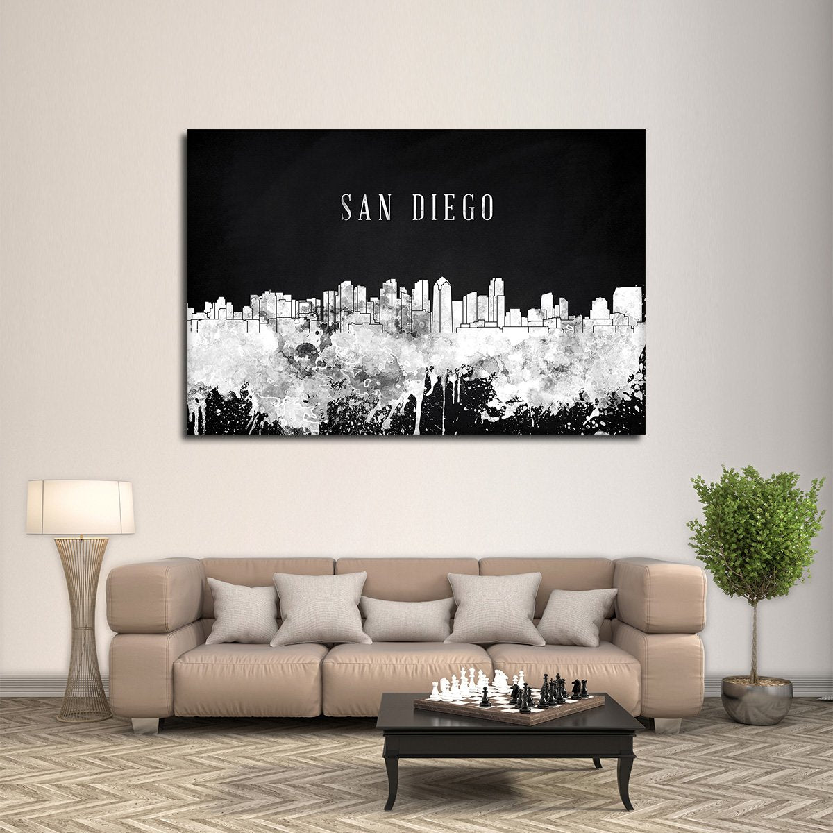 San Diego Watercolor Skyline BW Multi Panel Canvas Wall Art