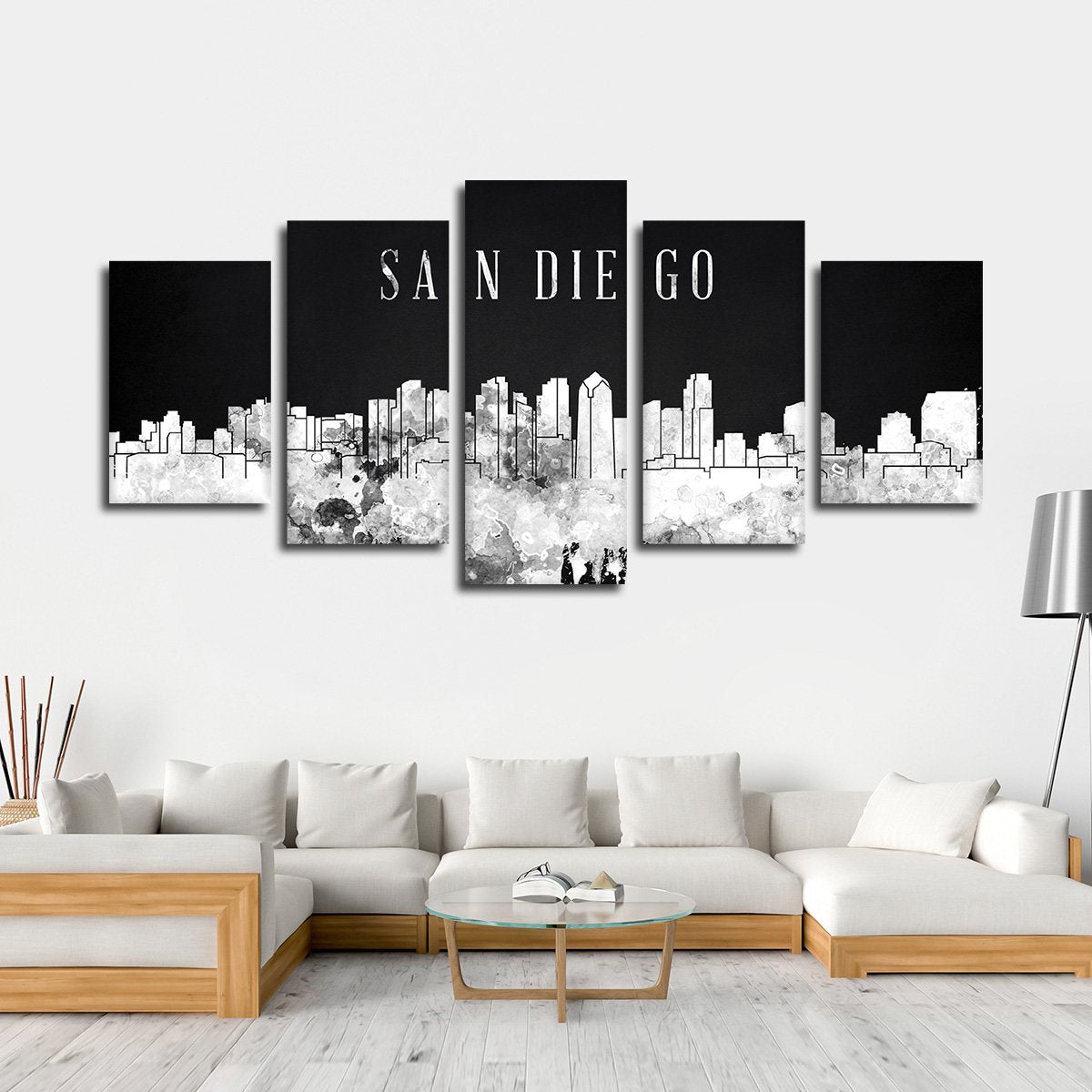 San Diego Watercolor Skyline BW Multi Panel Canvas Wall Art