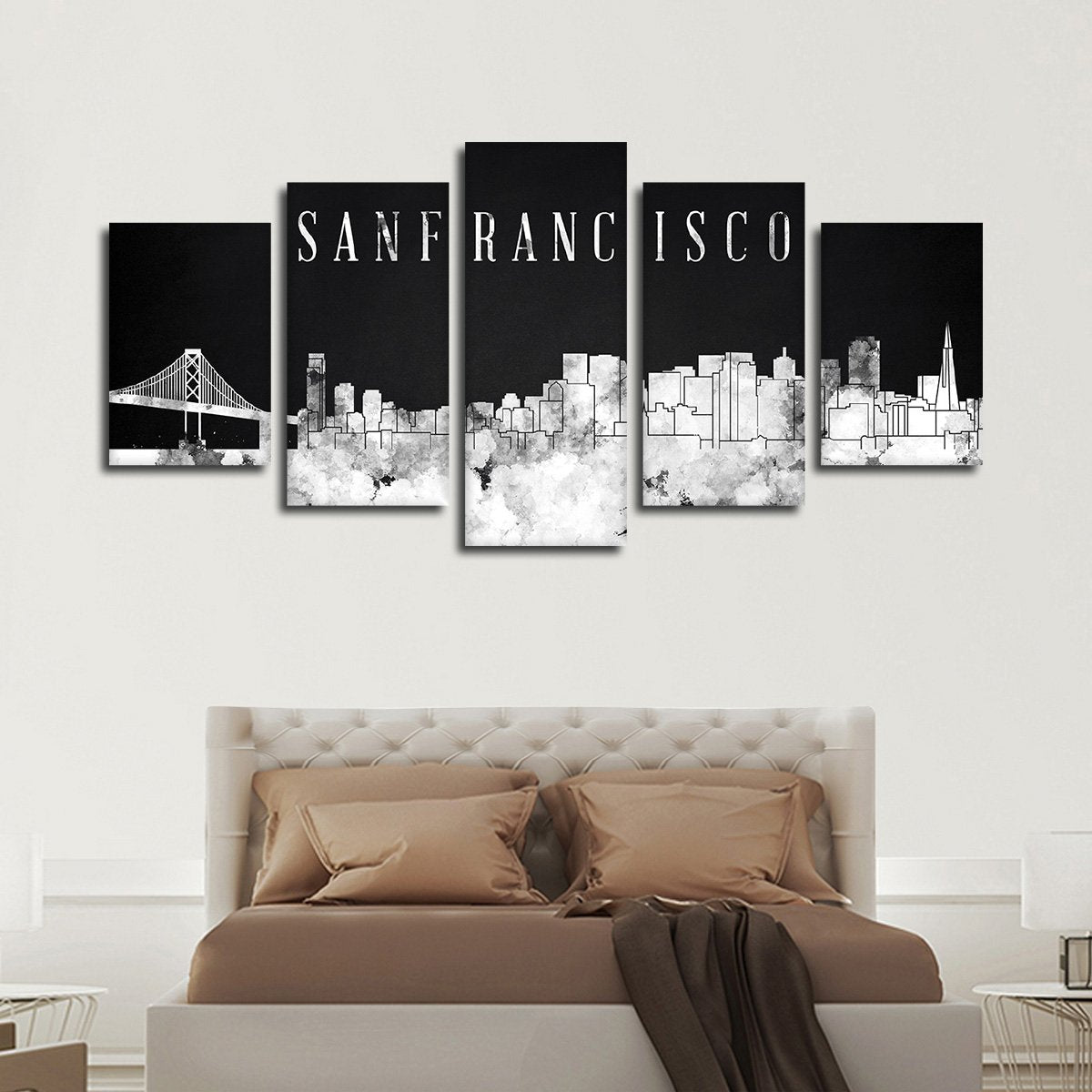 San Francisco Watercolor Skyline BW Multi Panel Canvas Wall Art