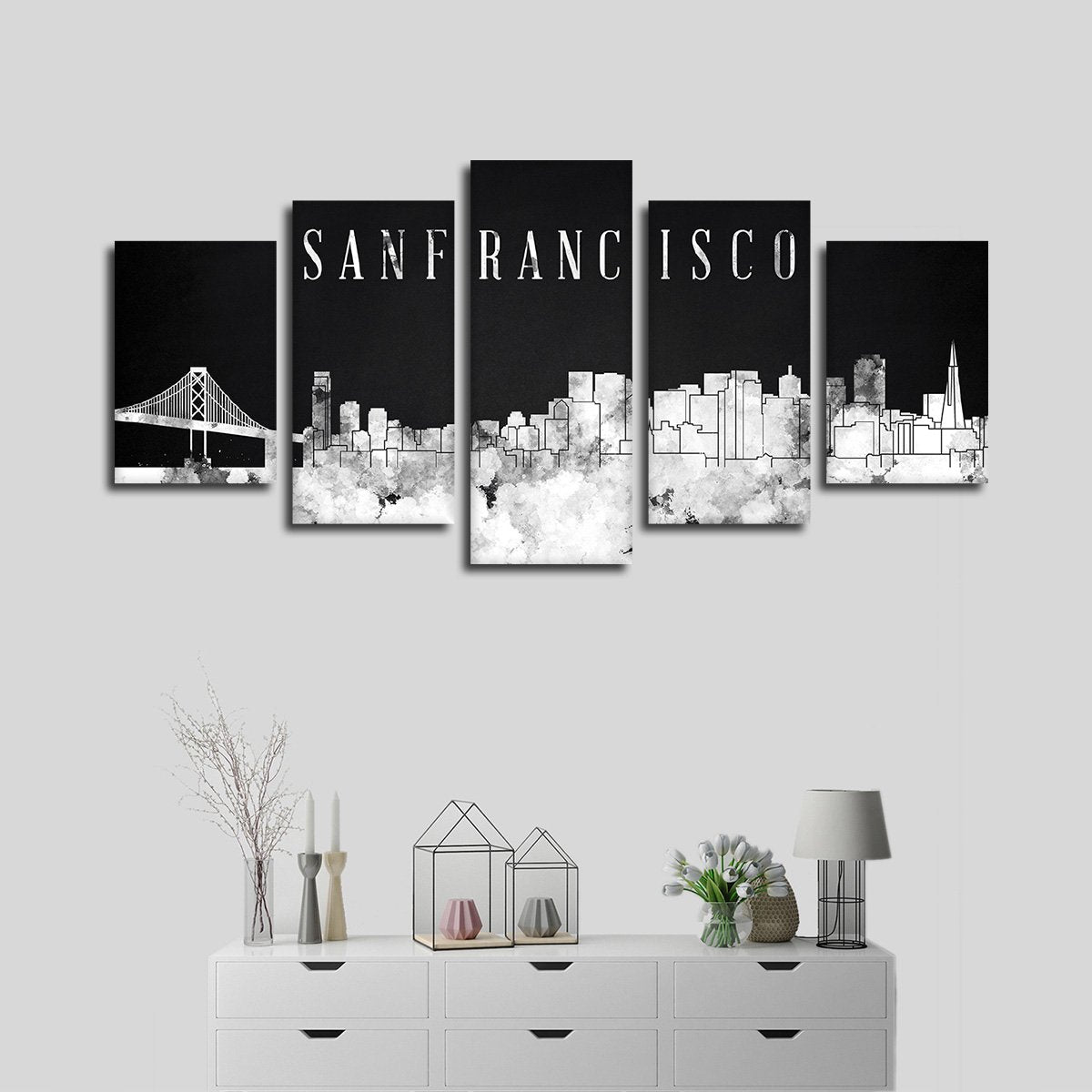 San Francisco Watercolor Skyline BW Multi Panel Canvas Wall Art